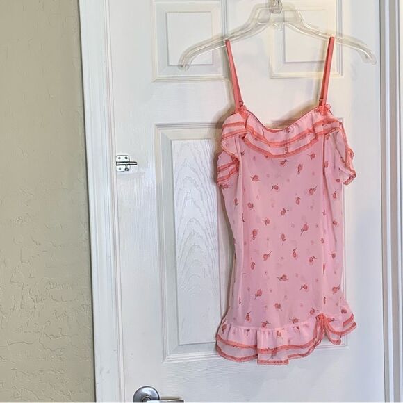 90s Cinema Etoile Pink Rose Print Ruffled Trim Babydoll Size XL - Picture 3 of 9